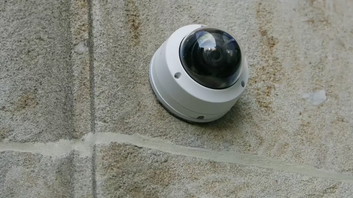 Dome security camera mounted on an exterior stone wall